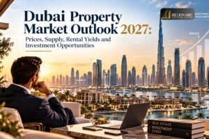 Dubai property market outlook 2027 featuring the skyline, residential developments and real estate investment opportunities