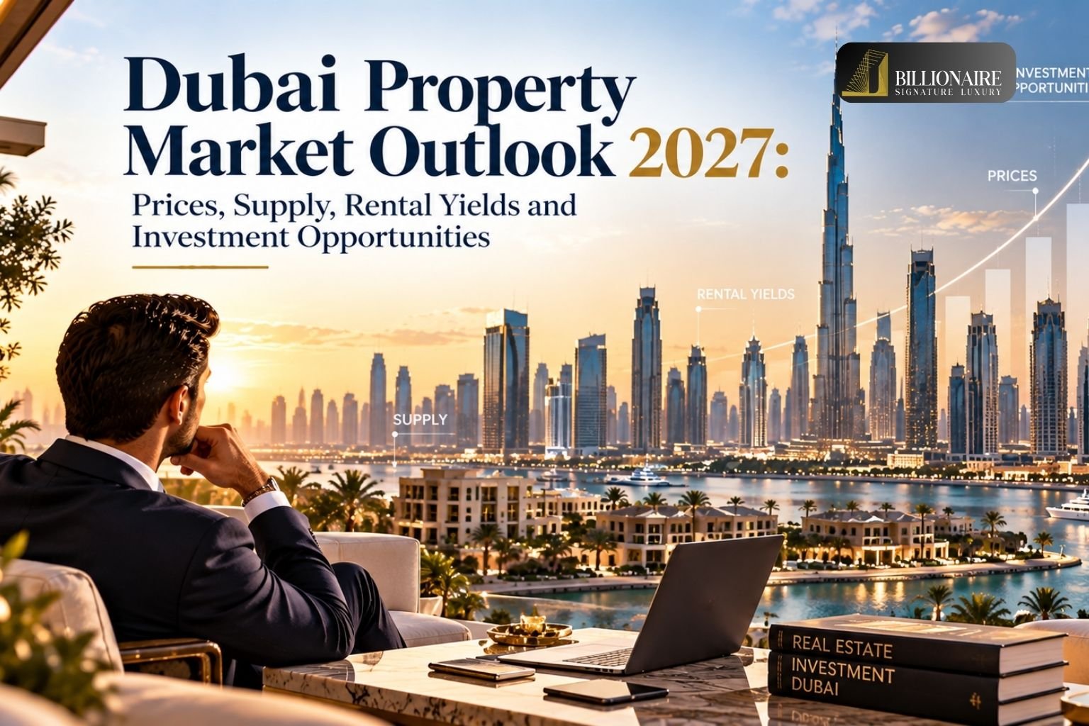 Dubai property market outlook 2027 featuring the skyline, residential developments and real estate investment opportunities