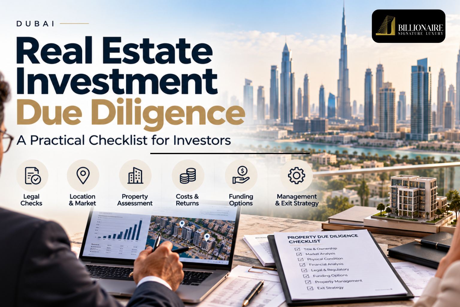 Real estate investment due diligence in Dubai with property documents and skyline