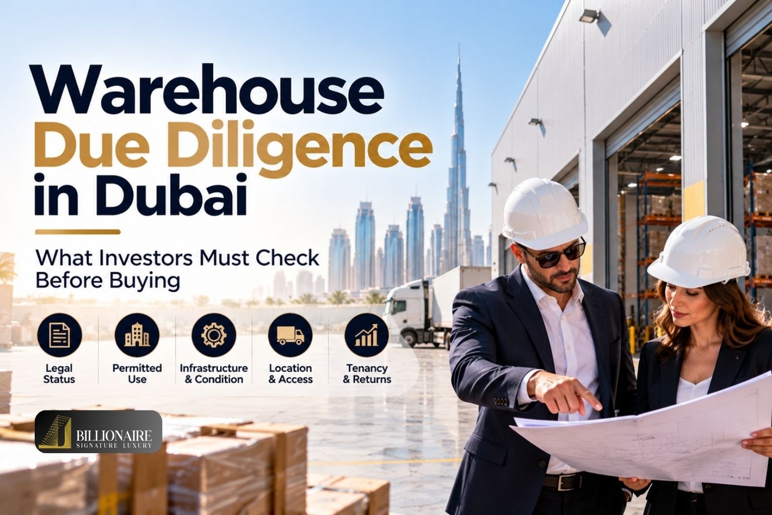 Warehouse due diligence in Dubai showing an industrial warehouse and logistics facility